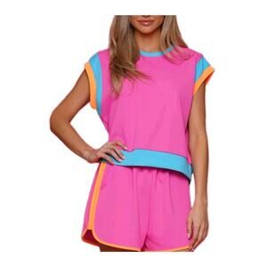 2 Piece Color Block Summer Casual Work Out Yoga Hot Pink T Shirt Outfit Size L